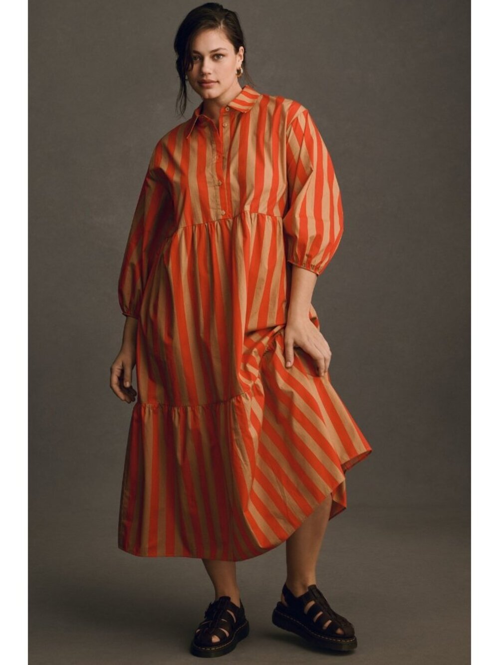 NWT Anthropologie Maeve Bettina in Red Honey Stripe Cotton Shirt Dress M Petite